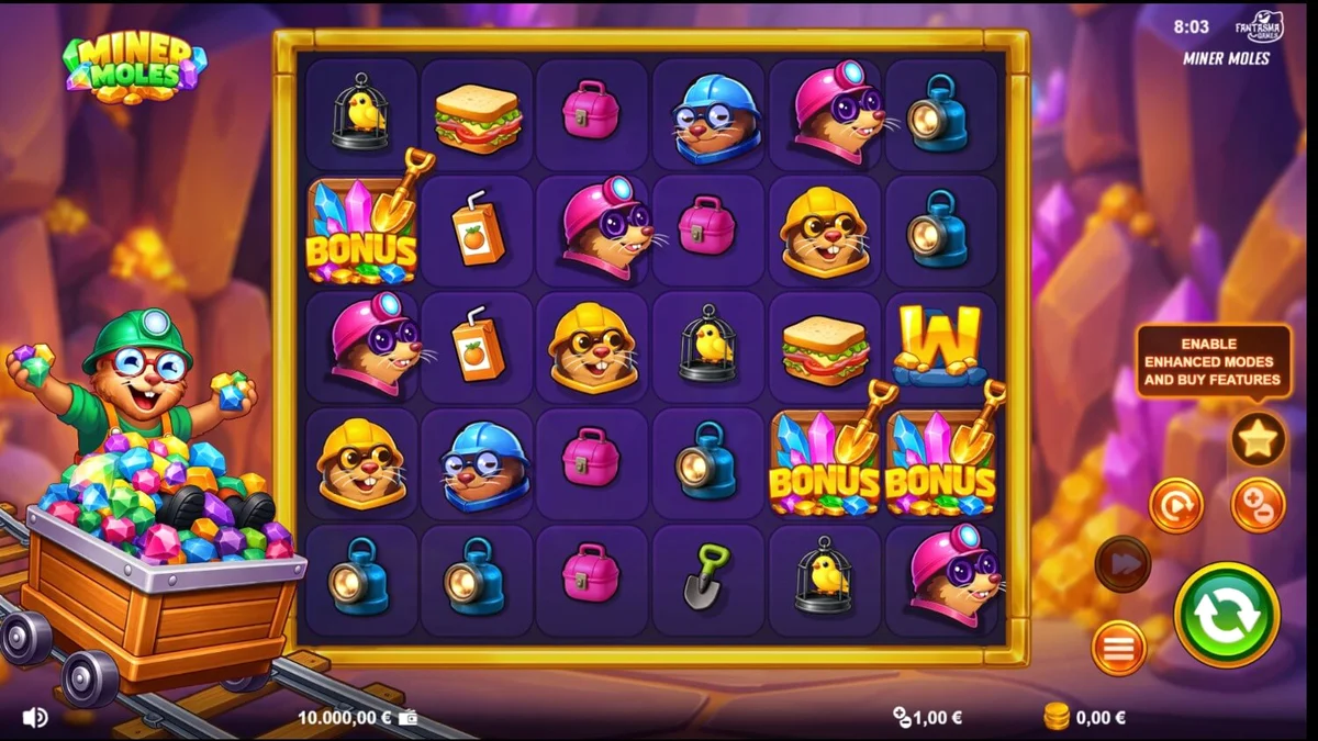 Tampilan visual slot Miner Moles dengan tema pertambangan kartun yang ceria