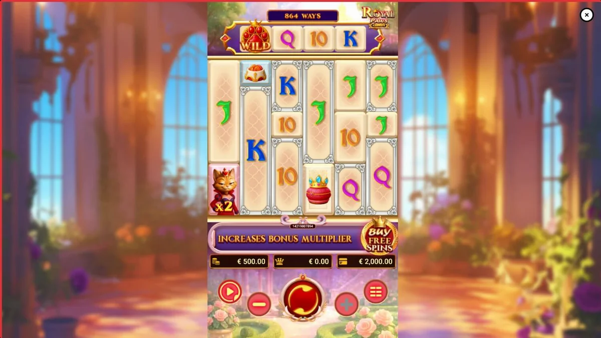 Tampilan visual slot Royal Paws Maxways dengan tema taman istana yang mewah dan simbol kucing.